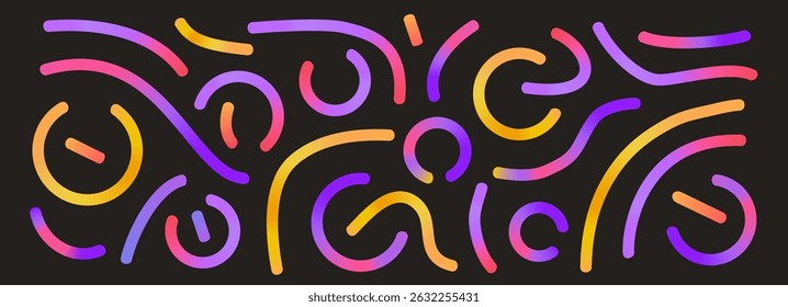 Colorful gradient lines set. Wavy abstract shapes collection. Decorative semicircle doodles. Vector rainbow swirls. Carnival gradations strokes. Creative whimsical random path..