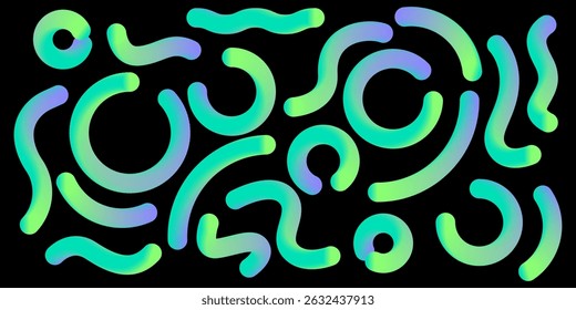 Farbige Farbverlaufslinien eingestellt. Abstrakte wellenförmige Formensammlung. Dekorative Quietschkritzelchen. Irrisierend gekrümmte Spiralelemente. Vektorregenbogen wirbelt. Kreativer, skurriler, zufälliger Pfad.