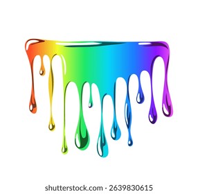 Colorful gradient liquid with drops in y2k style. Bright rainbow liquid dripping spot with gloss. Cute shiny element. Liquid organic shape. Isolated element on white background. Vector, cartoon.