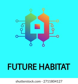 Ein farbiges Farbverlauf-Logo mit einem Haus, das mit Leiterplattenelementen integriert ist und künftige Lebensräume und Smart-Home-Technologie auf aquatischem Hintergrund darstellt.