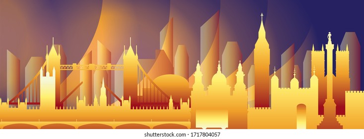 Colorful gradient  London skyline travel illustration. Worldwide traveling concept. London city landmarks, english tourism and journey vector background. Stock illustration