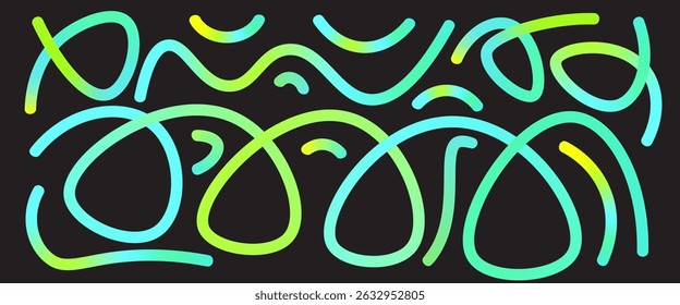 Colorful gradient loop and squiggle lines set. Wavy abstract long shapes collection. Decorative acid colors doodles. Vector swirls. Carnival gradations strokes background. Creative whimsical path..
