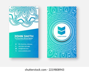 Colorful gradient mandala business card design. Bright floral ornamental elements, Indian, Asian, Arabic, Islamic, and ottoman motif styles vector illustration