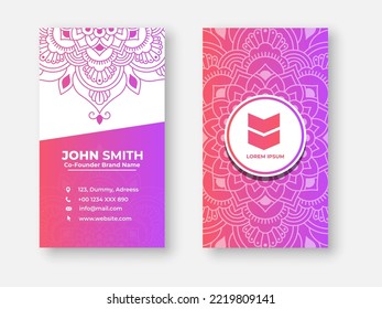 Colorful gradient mandala business card design. Bright floral ornamental elements, Indian, Asian, Arabic, Islamic, and ottoman motif styles vector illustration