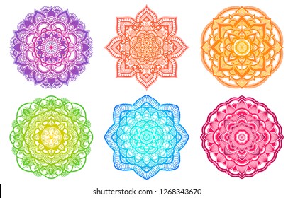 Colorful gradient mandala. Ethnic round ornament. Hand drawn indian henna motif. Mehendi meditation yoga theme. Unique coloring floral print