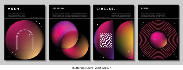 Colorful gradient mesh circle with dark background design template copy space set. Dark space themed backdrop design for poster, banner, leaflet, flyer, brochure, or pamphlet.