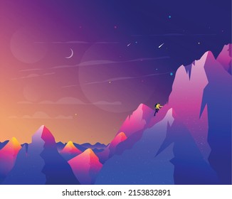 Colorful gradient mountain and iceman landscape night flat vector illustration with moon, stars, planet, meteor and clouds in sky.