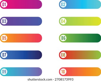 Conjunto de etiquetas numeradas de degradado colorido Pasos de infografía modernos Etiquetas para flujo de trabajo, línea de tiempo UI Elementos