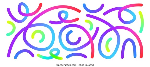 Colorful gradient organic shapes set. Wavy squiggles abstract confetti collection. Decorative loops design. Iridescent spirals figures. Vector gradations irregular strokes. Creative whimsical path.