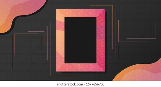 Colorful gradient pattern shapes. Abstract background. Black, gray, orange, purple color. Thin lines decoration. Square with free space in center.