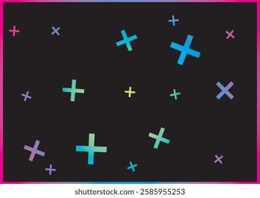 Colorful gradient plus signs scattered on a dark background, creating a vibrant and dynamic pattern. Perfect for modern designs and backgrounds