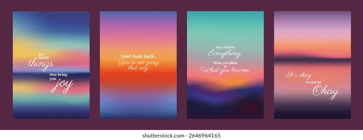 Colorful gradient posters with motivational quotes. Inspirational quotes on vibrant backgrounds. Motivational words on colorful, gradient designs. Pink sky positivity quote poster template vectors.