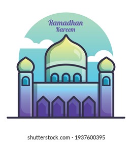 Colorful Gradient Ramadhan Kareem Mosque Vector Illustration. Holy Ramadhan Flat Cartoon Icon Style.