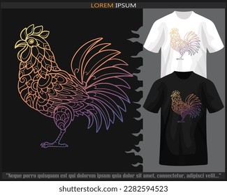 Colorful gradient rooster mandala arts isolated on black and white t-shirt.