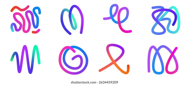 Colorful gradient shapes set. Wavy squiggles abstract shapes collection. Decorative loop doodles. Iridescent curved spirals figures. Vector gradations irregular strokes. Creative whimsical random path