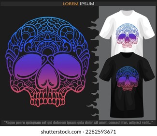 Colorful gradient skull head mandala arts isolated on black and white t-shirt.