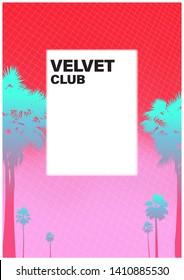 colorful gradient sky and tropical palm trees, retro vintage background card template design, nostalgic summer vibe feeling