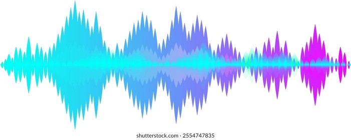 Colorful gradient sound waves are fluctuating, forming a music waveform, creating a visual representation of an audio signal, useful for digital music production and studio equalizer visualization