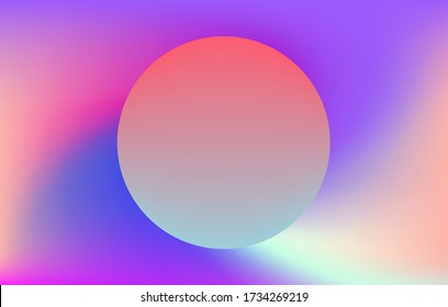 Colorful gradient sphere on iridescent holographic background . Surreal vivid blurred backdrop and wallpaper.