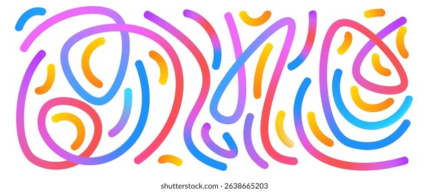 Colorful gradient spiral lines set. Wavy abstract shapes collection. Decorative squiggle doodles. Iridescent curved spirals elements. Vector rainbow swirls. Creative whimsical random path.
