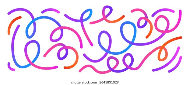 Colorful gradient spiral lines set. Wavy abstract shapes collection. Decorative squiggle background pattern. Iridescent curved spirals elements. Vector rainbow swirls. Creative whimsical random path.