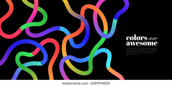 Colorful Gradient squiggles on black background. Modern design elements.