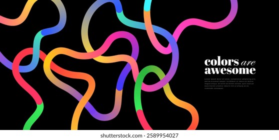Colorful Gradient squiggles on black background. Modern design elements.