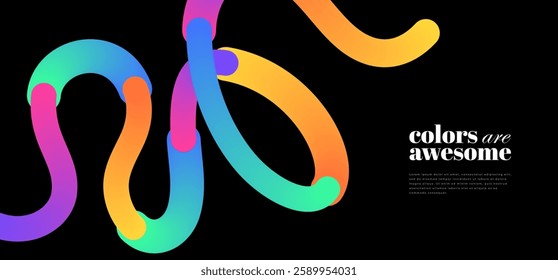 Colorful Gradient squiggles on black background. Modern design elements.
