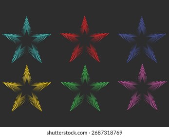Colorful gradient star shapes in six vibrant tones on a dark background, perfect for digital design, posters, icons, wallpapers, and modern abstract creative decoration projects.