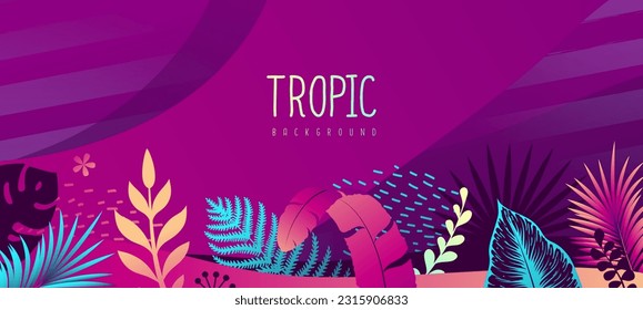 Colorful gradient summer background with fluorescent tropic leaves. Summertime template. Vector illustration