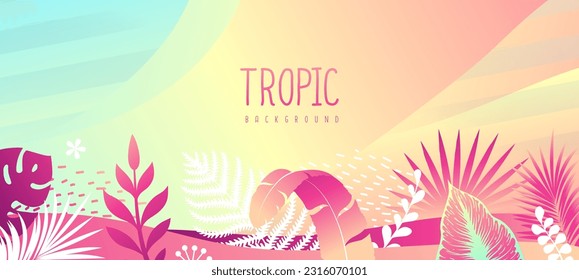 Colorful gradient summer background with fluorescent tropic leaves. Summertime template. Vector illustration