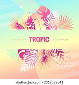 Fondo de verano de gradiente colorido con hojas tropicales fluorescentes. Plantilla de verano. Ilustración del vector