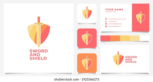 Colorful gradient sword and shield logo with business card, icon, and color palette