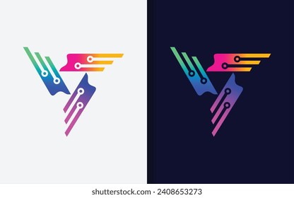 Colorful Gradient Triangle Symbol Made From Abstract Shape and Tech Element Combination. Vector Design Illustration.