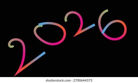 Tipografía colorida del degradado “2026” sobre fondo negro que representa la celebración del año Nuevo, el diseño moderno y el estilo futurista.