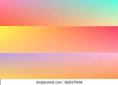 Colorful gradient vector background, abstract smooth color blend designs. Set of three horizontal wide trendy rainbow style colorful vectors, fluid digital layout wallpaper background 