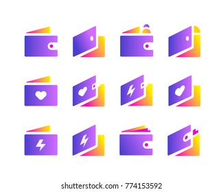Colorful gradient vector collection of wallet icons isolated on white background. Illustration set for e-commerce and finance industries.