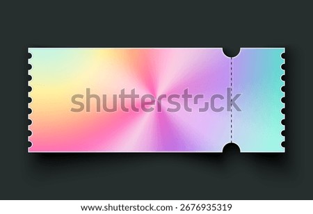 Colorful gradient vector ticket template with holographic rainbow effect. Modern event admission stub with perforated detachable section. Perfect for concerts, festivals, cinema 