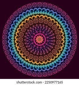 Colorful gradient vintage  mandala on dark, vector 