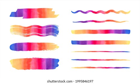 Colorful gradient watercolor vector brush strokes, long stripes, lines, wavy smears set. Watercolour brushstrokes. Artistic text backgrounds, banners collection, hand drawn multicolor graphic elements