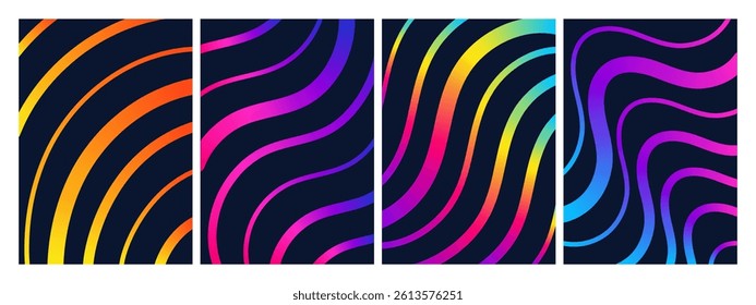 Colorful gradient waves dark background, neon curved lines with bright transitions. Vector patterns for modern designs and digital art, posters, cards