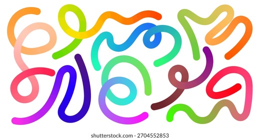 Las coloridas ondas de gradiente se arremolinan a través de garabatos juguetones y bucles de cinta. Las curvas dinámicas del arco iris crean un fondo abstracto divertido perfecto para los temas del carnaval, los carteles lindos o el arte enérgico de la celebración