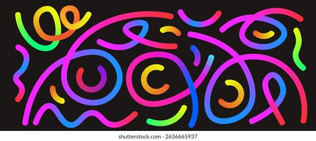 Colorful gradient wavy lines background template. Wave abstract long shapes collection. Decorative squiggles set. Rainbow curved spirals elements. Vector swirls. Carnival gradations liquid twists.