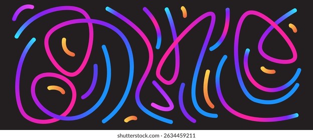Colorful gradient wavy lines set. Wave abstract long shapes collection. Decorative squiggle doodles. Iridescent curved spirals elements. Vector rainbow swirls. Carnival gradations strokes.