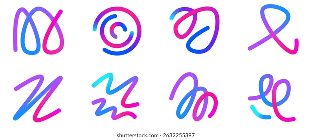 Colorful gradient whimsical shapes set. Wavy squiggles abstract shapes collection. Decorative doodles. Iridescent curved figures. Vector gradations irregular strokes. Creative whimsical random path.