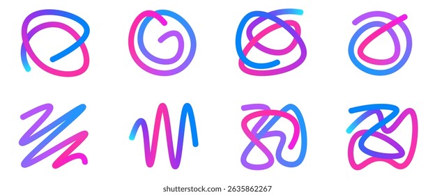 Colorful gradient whimsical shapes set. Wavy squiggles abstract shapes collection. Decorative loop doodles. Iridescent curved figures. Vector gradations irregular strokes. Creative random path.