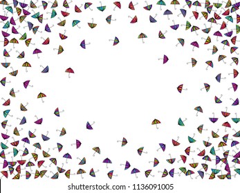 Colorful gradients umbrella figures pattern isolated on white background. Repeating vector parasol drawing shapes backdrop for decorative purposes. Cute umbrella background for flyer print.