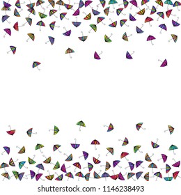 Colorful gradients umbrella figures pattern isolated on white background. Repeating vector parasol drawing shapes backdrop for decorative purposes. Bright umbrella background for paper print.