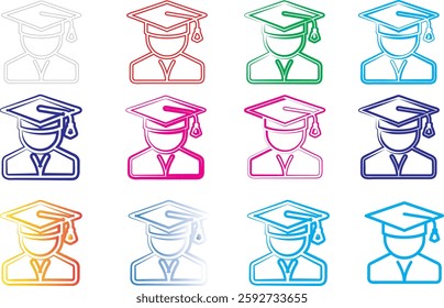 Colorful graduate icons, minimalist academic avatars, graduation cap silhouettes, stylized student symbols, vibrant education pictograms, simplified college graduate representations, multicolored dipl