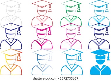 Colorful graduate icons, minimalist academic avatars, graduation cap silhouettes, stylized student symbols, vibrant education pictograms, simplified college graduate representations, multicolored dipl